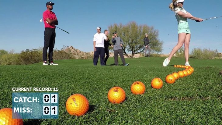 Paige Spiranac（ペイジ・スピラナック） & Tony Finau（トニー・フィナウ） Attempt the Most Golf Balls Caught in 1 Minute World Record