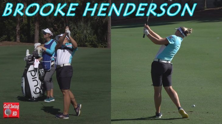 Brooke Henderson ブルック ヘンダーソン 芝の上から打つアイアンショット 後方2アングル スロー再生あり 高画質 ゴルフの動画